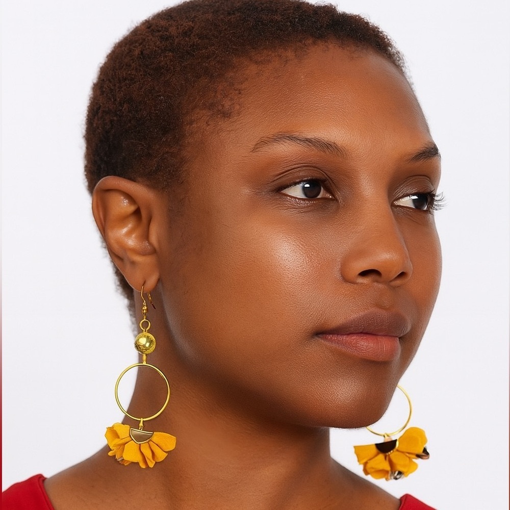 NEW Hand crafted Mustard chiffon flowers drop earrings.